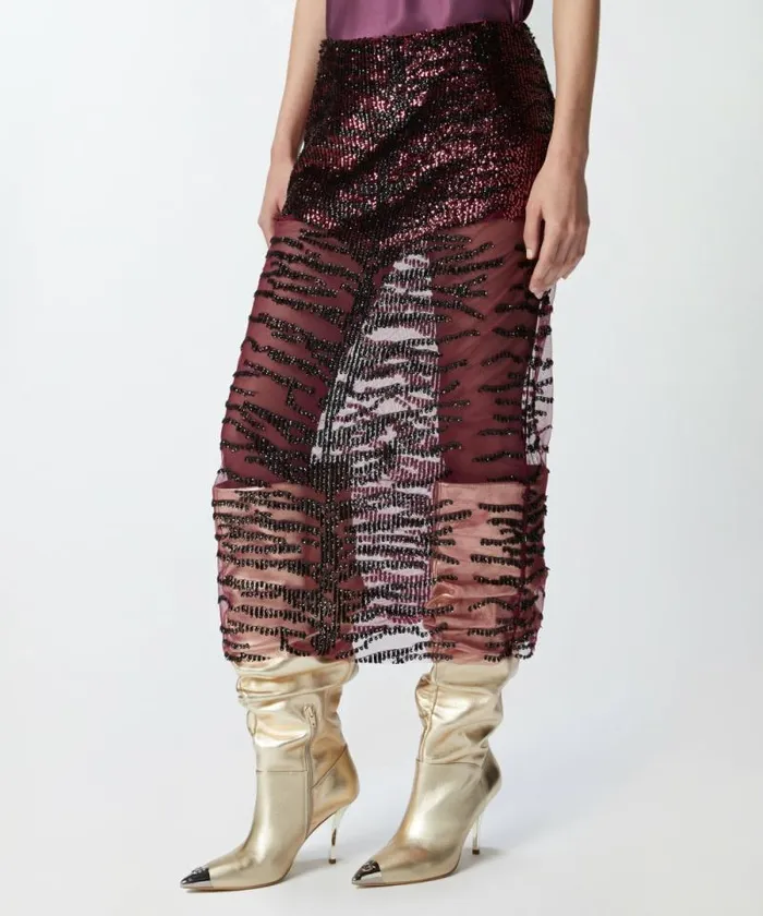 Women Skirts Pinko Pencil Skirt With Zebraeffect Sequin Embroidery Burgundyblack Women Skirts Pinko Pencil Skirt With Zebraeffect Sequin Embroidery Burgundyblack