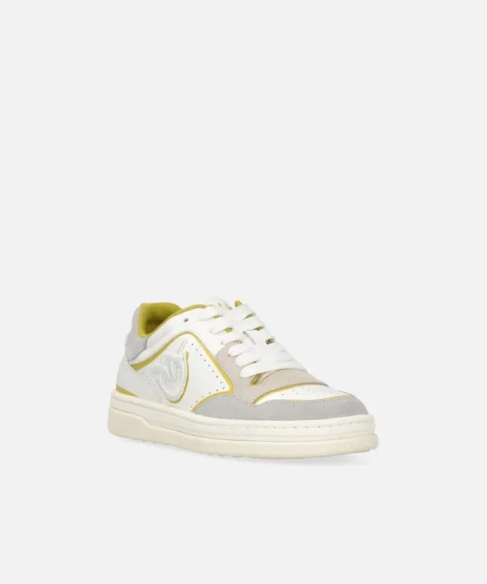 Women Sneakers Pinko Flat Leather Sneakers With Embroidered Logo Whitelime Women Sneakers Pinko Flat Leather Sneakers With Embroidered Logo Whitelime