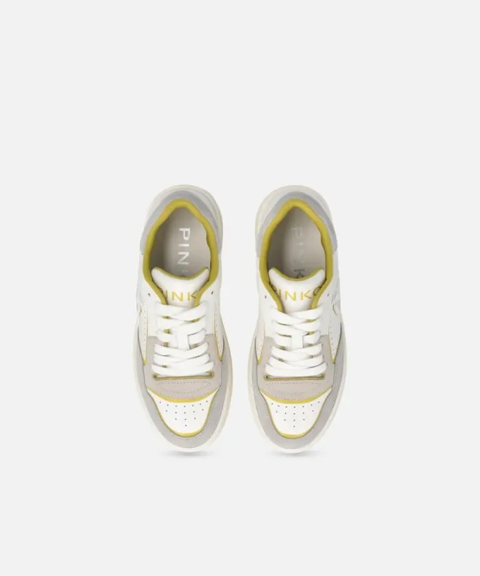Women Sneakers Pinko Flat Leather Sneakers With Embroidered Logo Whitelime Women Sneakers Pinko Flat Leather Sneakers With Embroidered Logo Whitelime