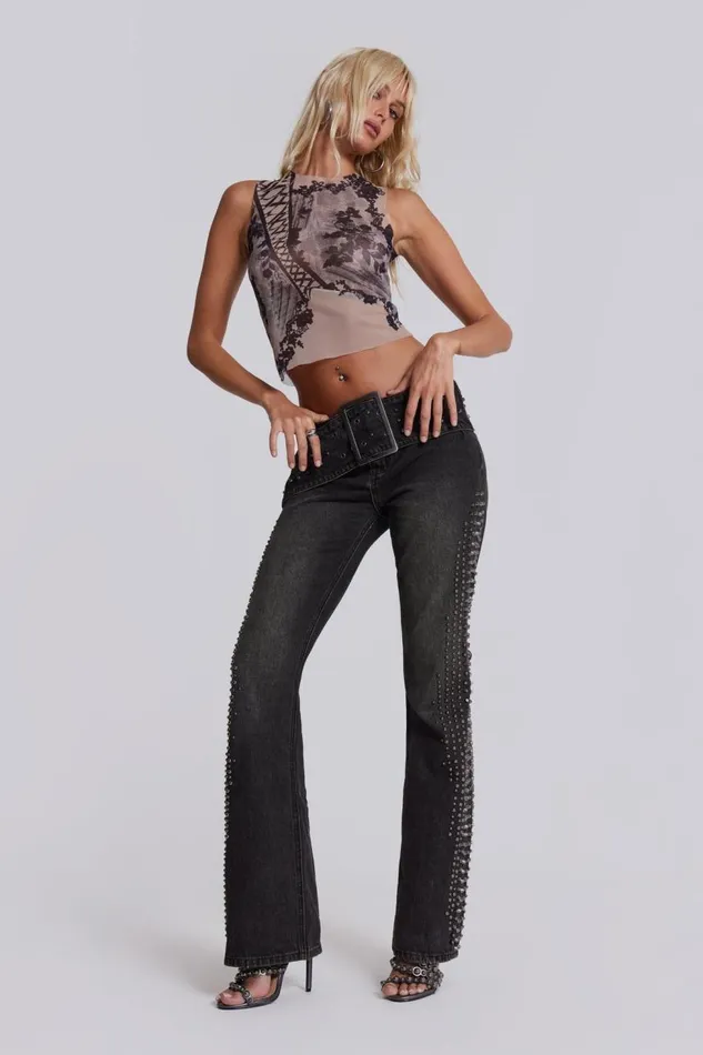 Women Studded Low Rise Jeans With Studded Waistband Jaded London Jeans