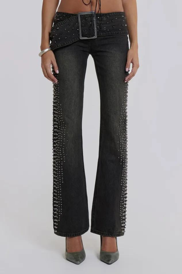 Women Studded Low Rise Jeans With Studded Waistband Jaded London Jeans