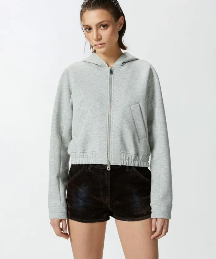 Women Sweatshirts Pinko Cropped Hoodie With Melange Technical Jersey Drizzle Grey Women Sweatshirts Pinko Cropped Hoodie With Melange Technical Jersey Drizzle Grey