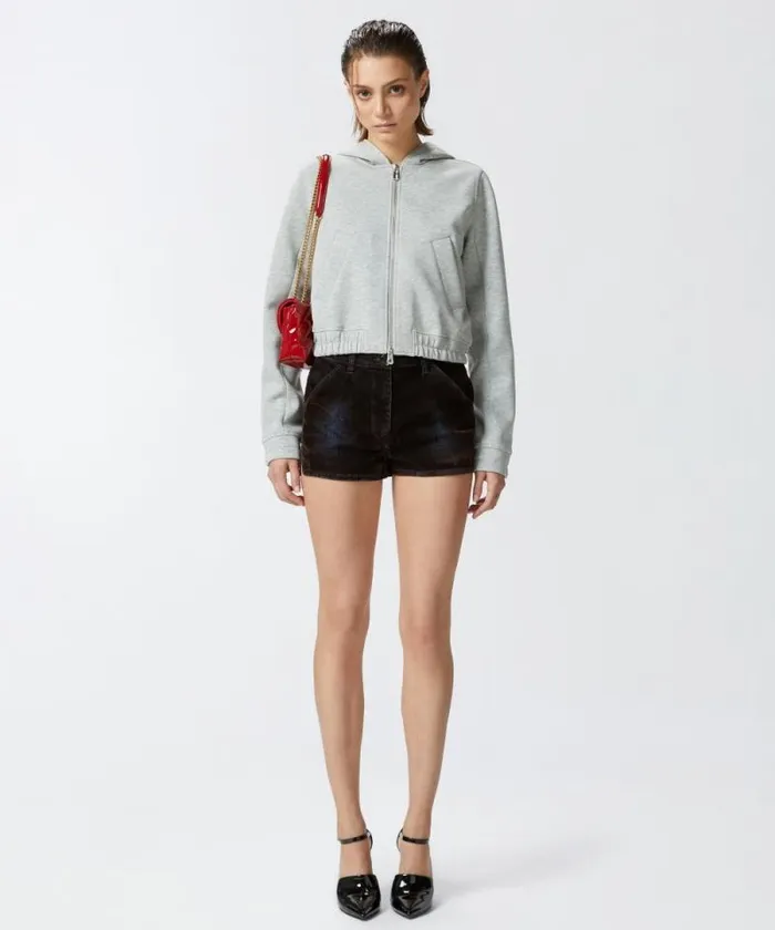 Women Sweatshirts Pinko Cropped Hoodie With Melange Technical Jersey Drizzle Grey Women Sweatshirts Pinko Cropped Hoodie With Melange Technical Jersey Drizzle Grey