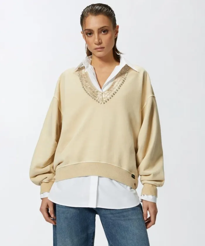 Women Sweatshirts Pinko Oversized Sweatshirt With Shiny Embroidered Neck Fog Beige Women Sweatshirts Pinko Oversized Sweatshirt With Shiny Embroidered Neck Fog Beige