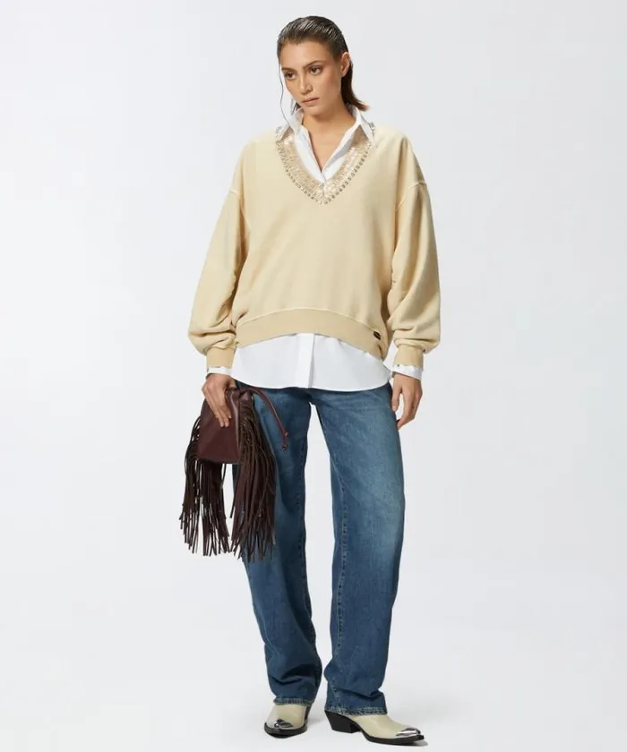 Women Sweatshirts Pinko Oversized Sweatshirt With Shiny Embroidered Neck Fog Beige Women Sweatshirts Pinko Oversized Sweatshirt With Shiny Embroidered Neck Fog Beige