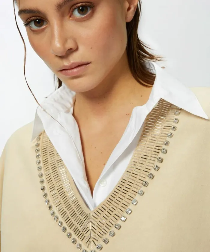 Women Sweatshirts Pinko Oversized Sweatshirt With Shiny Embroidered Neck Fog Beige Women Sweatshirts Pinko Oversized Sweatshirt With Shiny Embroidered Neck Fog Beige