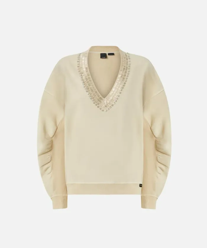 Women Sweatshirts Pinko Oversized Sweatshirt With Shiny Embroidered Neck Fog Beige Women Sweatshirts Pinko Oversized Sweatshirt With Shiny Embroidered Neck Fog Beige