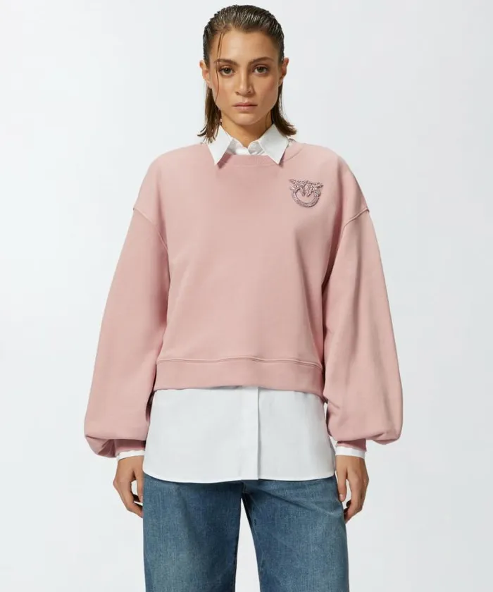 Women Sweatshirts Pinko Sweatshirt With Wide Sleeves And Bejewelled Love Birds Embroidery Zephyr Pink Women Sweatshirts Pinko Sweatshirt With Wide Sleeves And Bejewelled Love Birds Embroidery Zephyr Pink