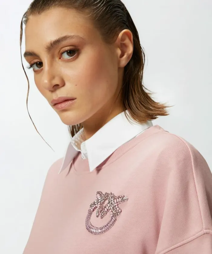 Women Sweatshirts Pinko Sweatshirt With Wide Sleeves And Bejewelled Love Birds Embroidery Zephyr Pink Women Sweatshirts Pinko Sweatshirt With Wide Sleeves And Bejewelled Love Birds Embroidery Zephyr Pink