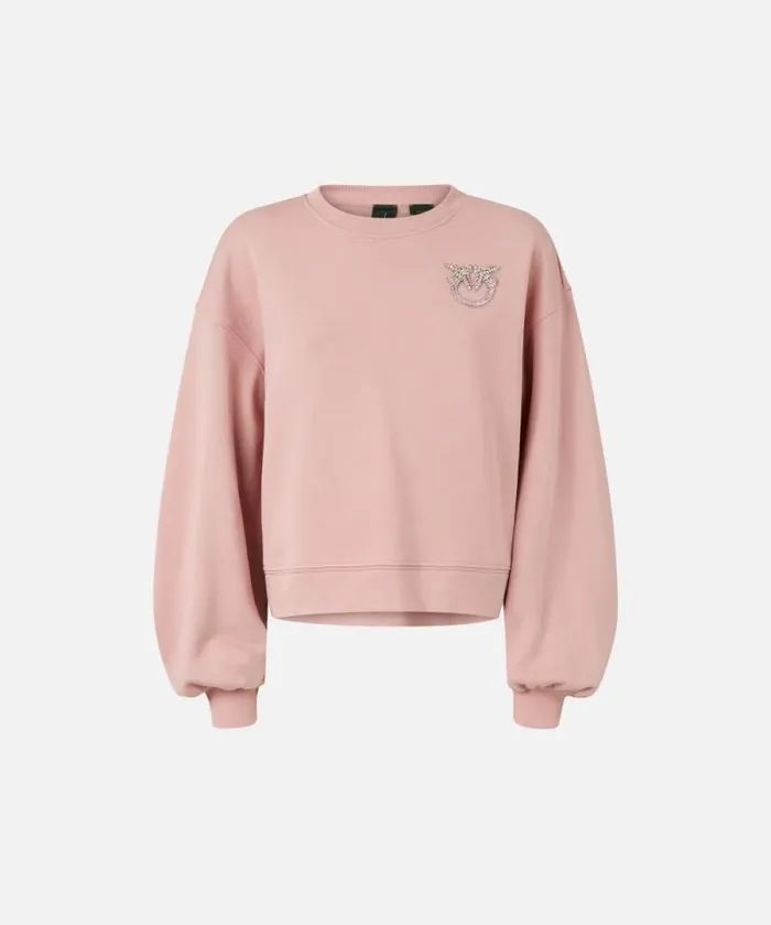 Women Sweatshirts Pinko Sweatshirt With Wide Sleeves And Bejewelled Love Birds Embroidery Zephyr Pink Women Sweatshirts Pinko Sweatshirt With Wide Sleeves And Bejewelled Love Birds Embroidery Zephyr Pink