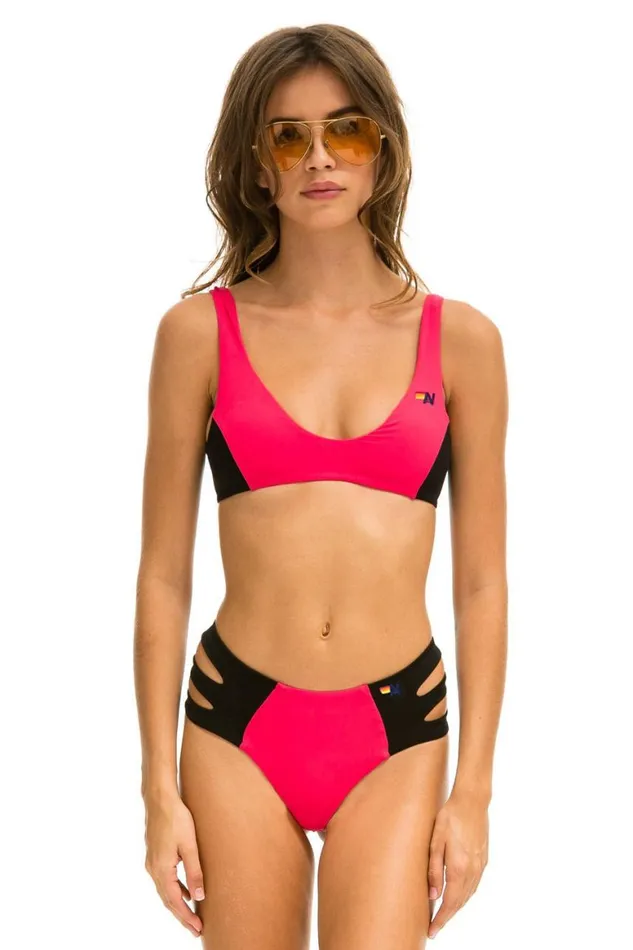 Women Swim Bottoms Aviator Nation HiWaisted Side Cut Out Color Block Full Coverage Brief Bikini Bottoms 8211 Red Black