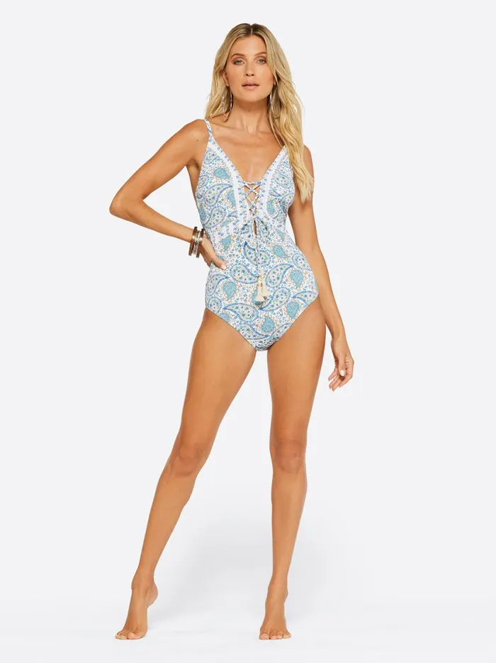Women Swim Jessica Simpson Sweetness Overload Lace Front One Piece In White Multi