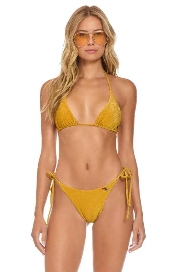 Women Swim Tops Aviator Nation Sparkle Turks Triangle Bikini Top 8211 Gold