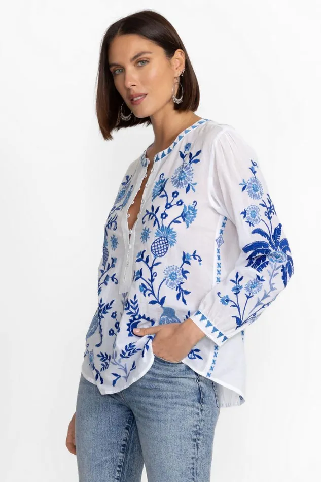 Women TARRA FIELD HENLEY BLOUSE White Johnny Was Tops