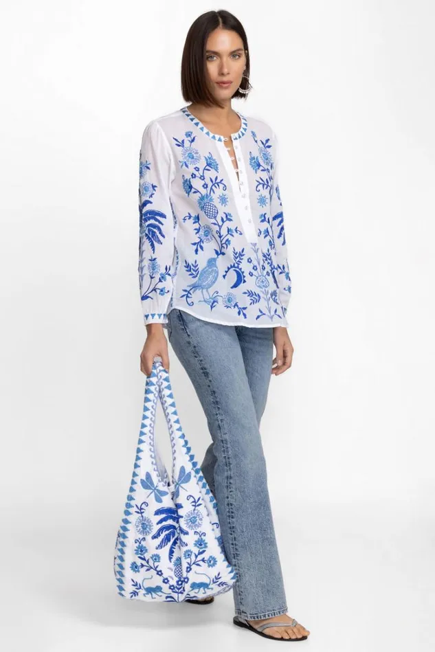 Women TARRA FIELD HENLEY BLOUSE White Johnny Was Tops Women TARRA FIELD HENLEY BLOUSE White Johnny Was Tops