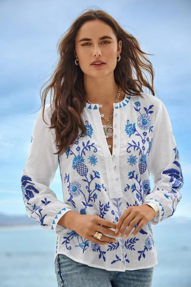 Women TARRA FIELD HENLEY BLOUSE White Johnny Was Tops Women TARRA FIELD HENLEY BLOUSE White Johnny Was Tops