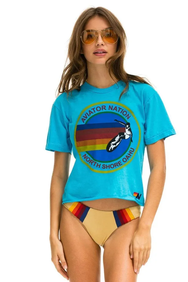 Women Tees Aviator Nation Signature North Shore Boyfriend Tee 8211 Neon Blue