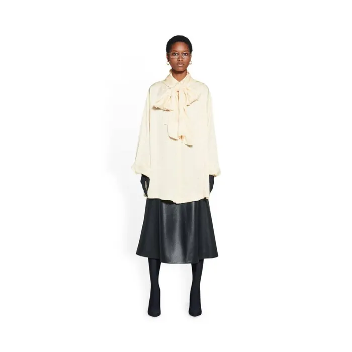 Women Tops and Shirts Balenciaga Logo Letters All Over Hooded Blouse In Off White Women Tops and Shirts Balenciaga Logo Letters All Over Hooded Blouse In Off White