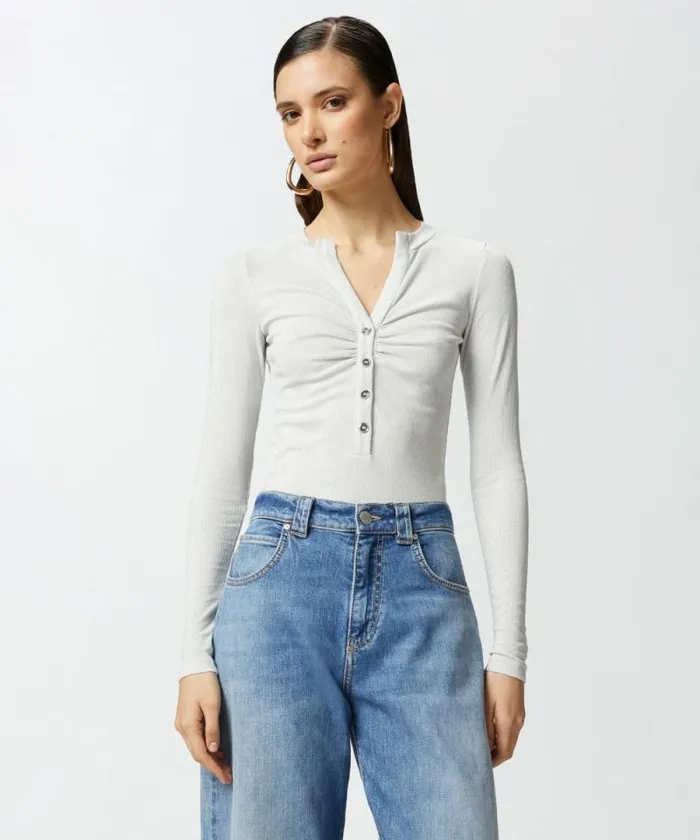 Women Topwear Pinko Metallic Ribbed Henley Sweater Metallic Silver