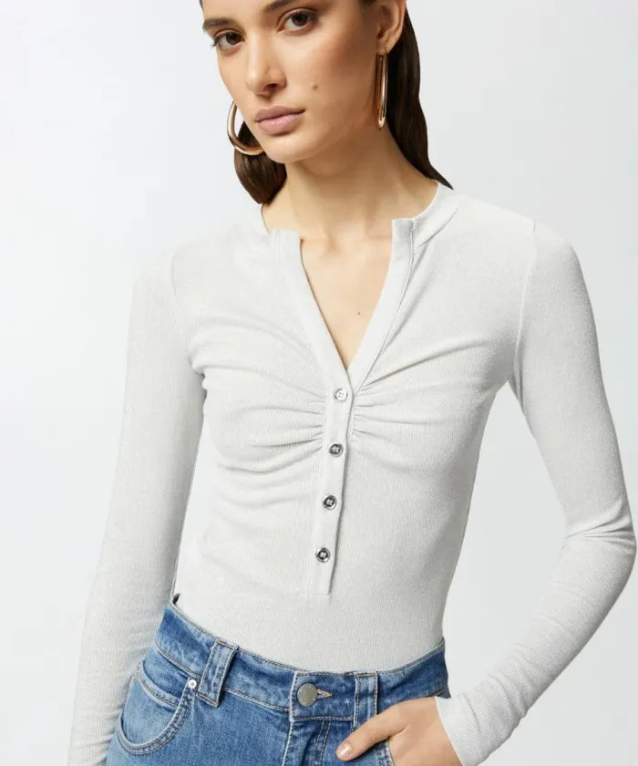 Women Topwear Pinko Metallic Ribbed Henley Sweater Metallic Silver Women Topwear Pinko Metallic Ribbed Henley Sweater Metallic Silver