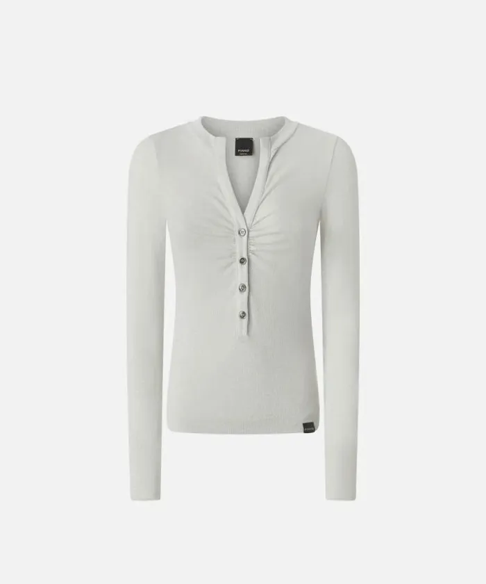 Women Topwear Pinko Metallic Ribbed Henley Sweater Metallic Silver Women Topwear Pinko Metallic Ribbed Henley Sweater Metallic Silver