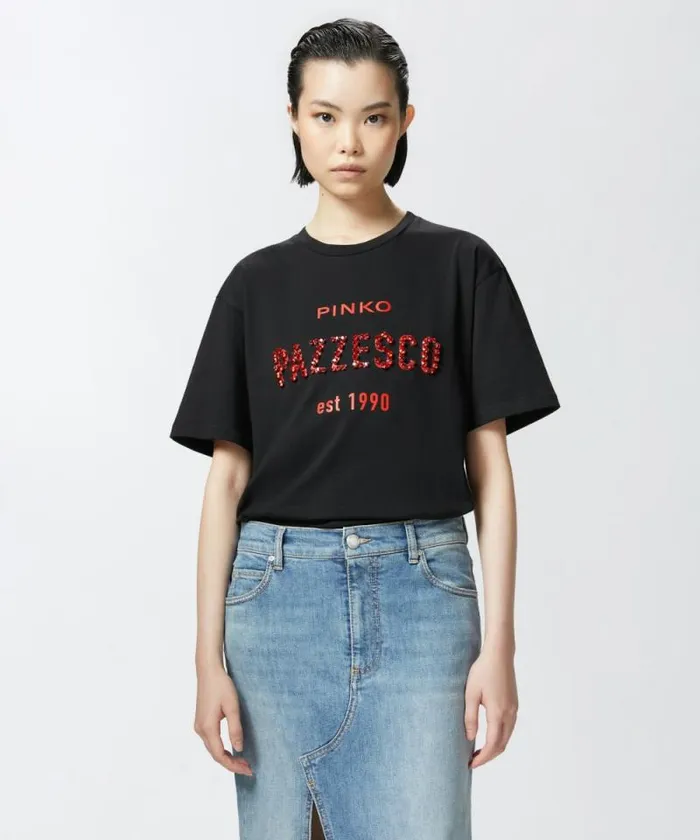 Women Topwear Pinko PINKO Pazzesco Tshirt With Red Rhinestone Embellishment Limo Black Women Topwear Pinko PINKO Pazzesco Tshirt With Red Rhinestone Embellishment Limo Black