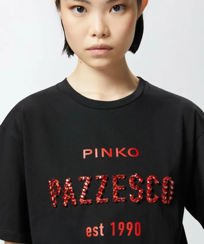 Women Topwear Pinko PINKO Pazzesco Tshirt With Red Rhinestone Embellishment Limo Black Women Topwear Pinko PINKO Pazzesco Tshirt With Red Rhinestone Embellishment Limo Black
