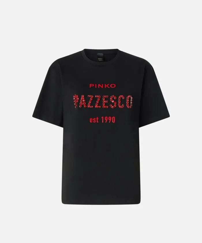 Women Topwear Pinko PINKO Pazzesco Tshirt With Red Rhinestone Embellishment Limo Black Women Topwear Pinko PINKO Pazzesco Tshirt With Red Rhinestone Embellishment Limo Black
