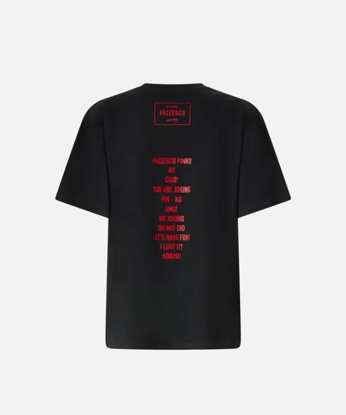 Women Topwear Pinko PINKO Pazzesco Tshirt With Red Rhinestone Embellishment Limo Black Women Topwear Pinko PINKO Pazzesco Tshirt With Red Rhinestone Embellishment Limo Black