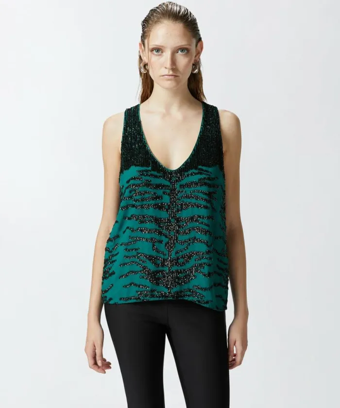 Women Topwear Pinko Top With Zebra Sequin Embroidery Greenblack