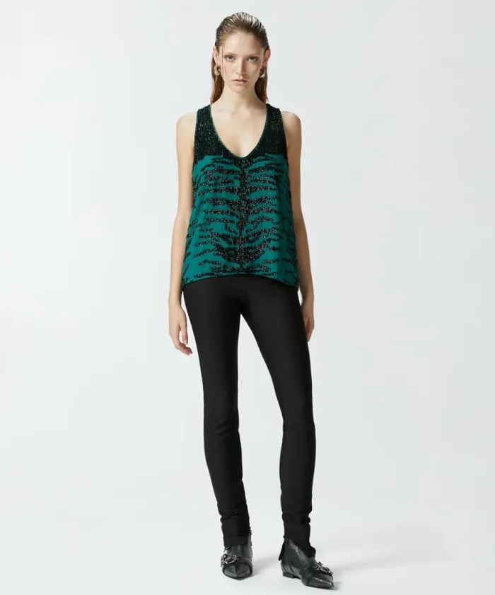 Women Topwear Pinko Top With Zebra Sequin Embroidery Greenblack Women Topwear Pinko Top With Zebra Sequin Embroidery Greenblack