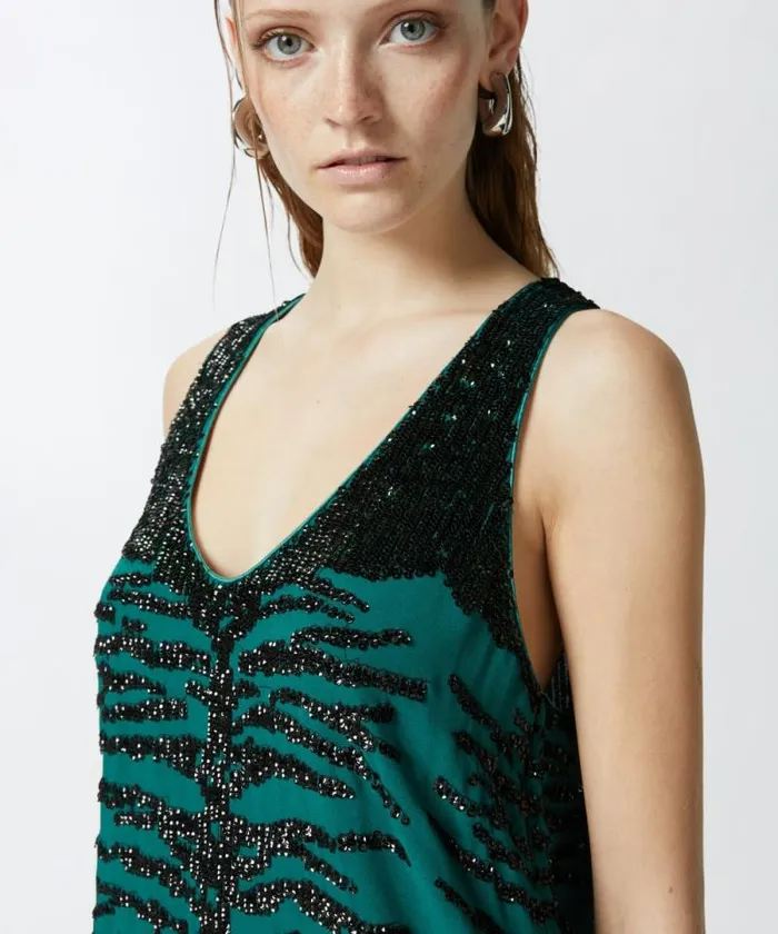 Women Topwear Pinko Top With Zebra Sequin Embroidery Greenblack Women Topwear Pinko Top With Zebra Sequin Embroidery Greenblack