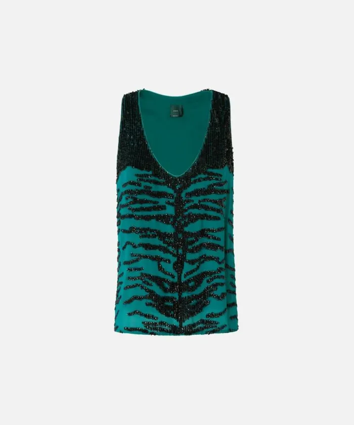 Women Topwear Pinko Top With Zebra Sequin Embroidery Greenblack Women Topwear Pinko Top With Zebra Sequin Embroidery Greenblack