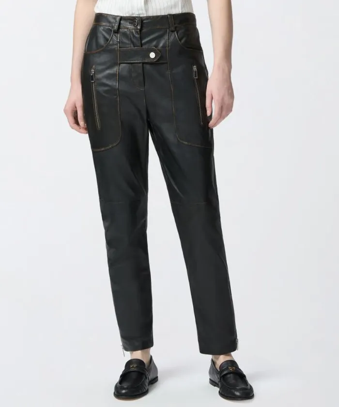 Women Trousers Pinko Leather Biker Trousers With Zip Caviar Black Women Trousers Pinko Leather Biker Trousers With Zip Caviar Black
