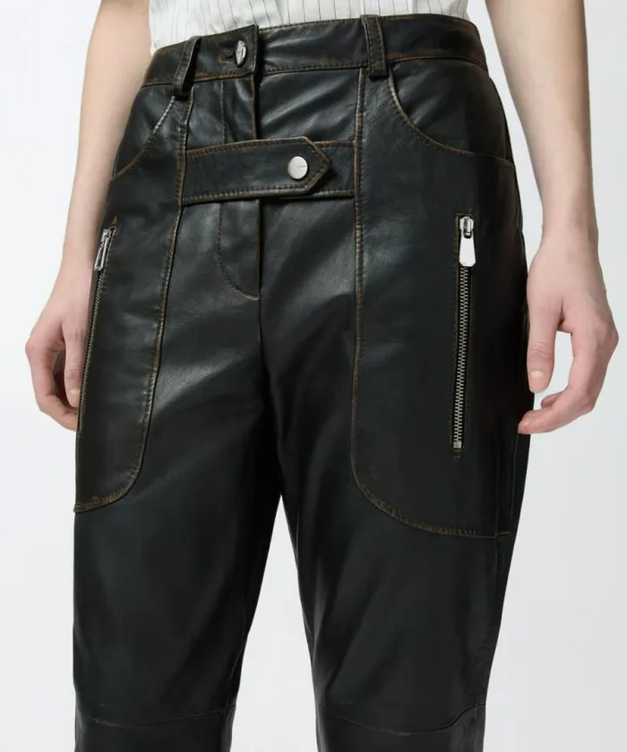 Women Trousers Pinko Leather Biker Trousers With Zip Caviar Black Women Trousers Pinko Leather Biker Trousers With Zip Caviar Black