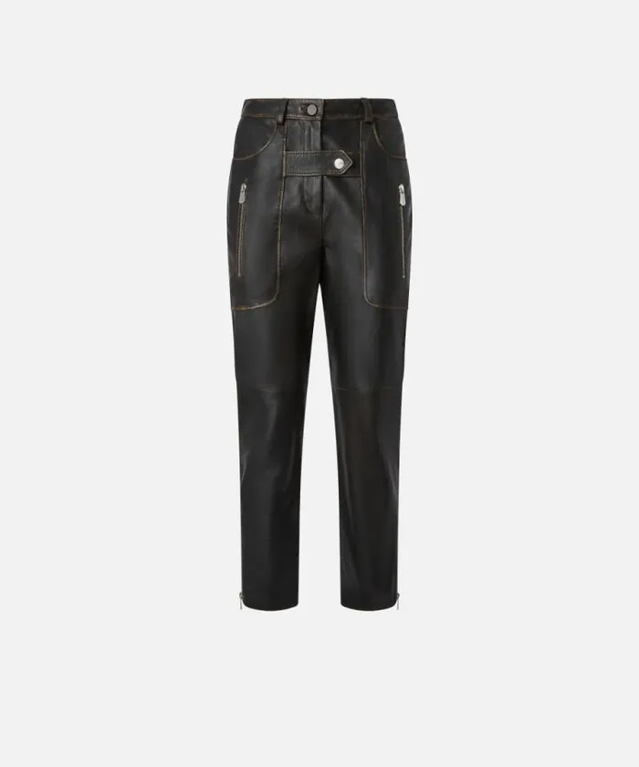 Women Trousers Pinko Leather Biker Trousers With Zip Caviar Black Women Trousers Pinko Leather Biker Trousers With Zip Caviar Black