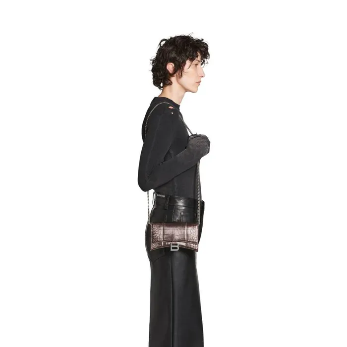 Women Wallets On Chain Balenciaga Hourglass Wallet On Chain Metallized Crocodile Embossed In Bronze