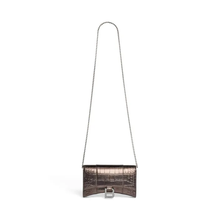 Women Wallets On Chain Balenciaga Hourglass Wallet On Chain Metallized Crocodile Embossed In Bronze