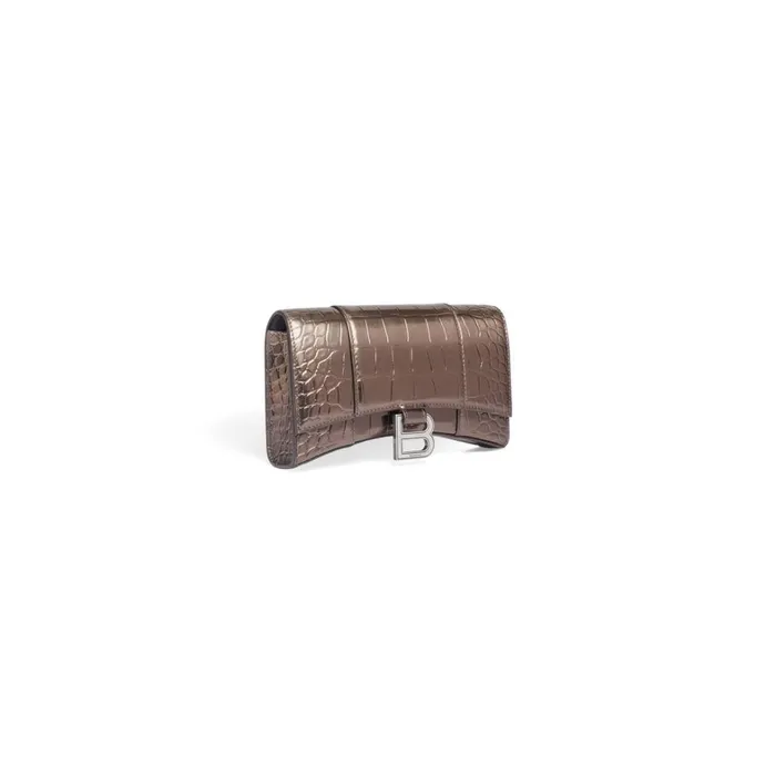 Women Wallets On Chain Balenciaga Hourglass Wallet On Chain Metallized Crocodile Embossed In Bronze