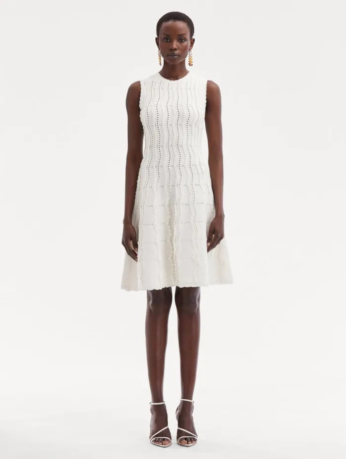 Women Wave Knit Fit and Flare Dress Ivory Oscar De La Renta Dresses Women Wave Knit Fit and Flare Dress Ivory Oscar De La Renta Dresses
