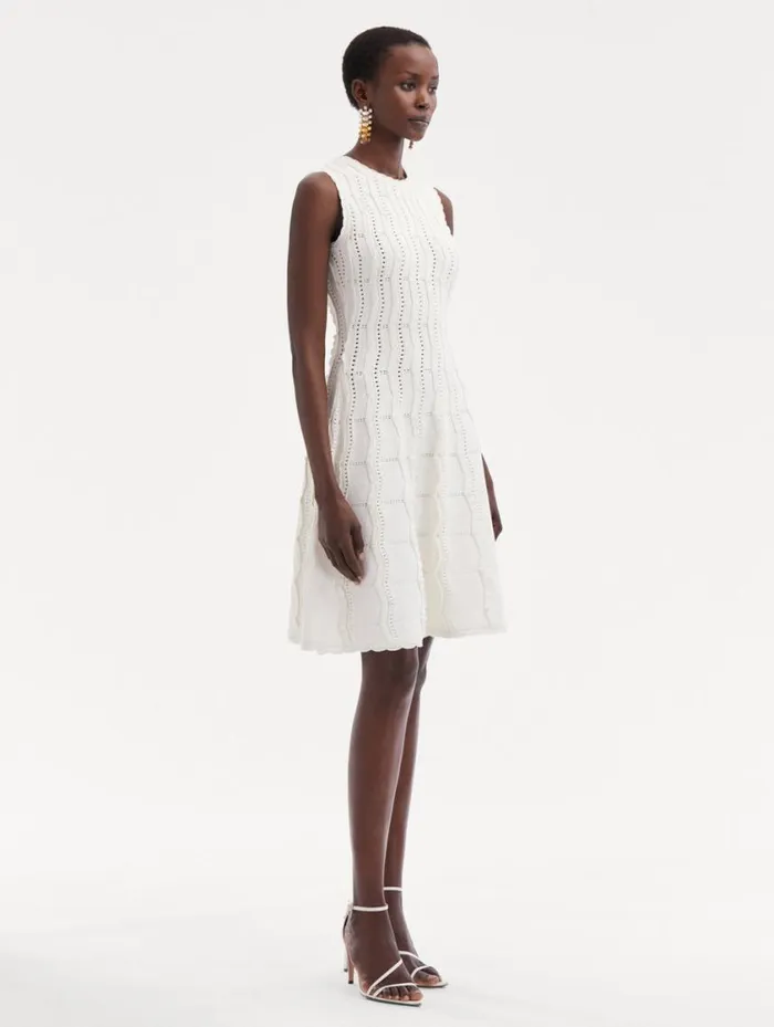 Women Wave Knit Fit and Flare Dress Ivory Oscar De La Renta Dresses Women Wave Knit Fit and Flare Dress Ivory Oscar De La Renta Dresses