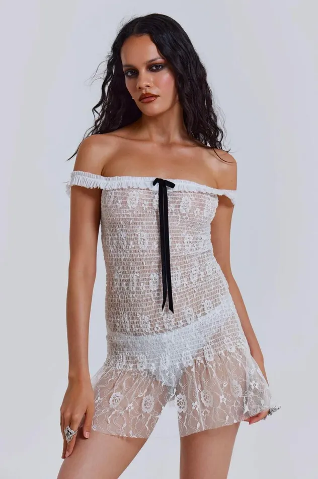 Women White Gathered Lace Mini Dress Jaded London Mini Dresses