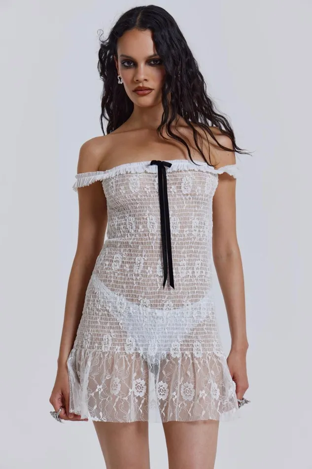 Women White Gathered Lace Mini Dress Jaded London Mini Dresses