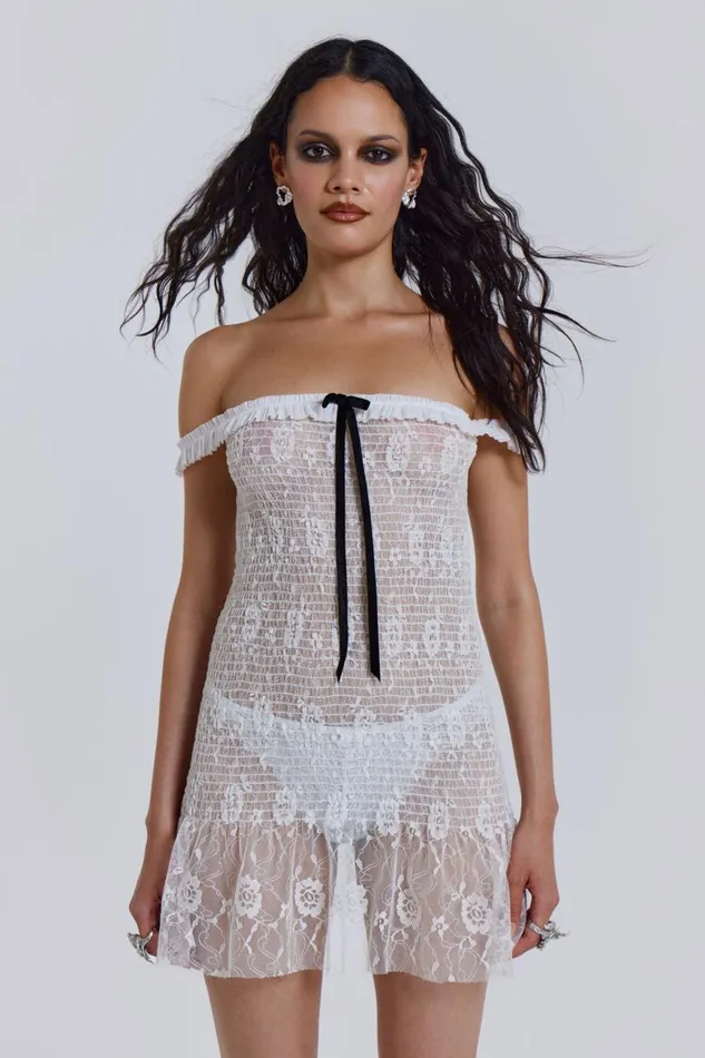 Women White Gathered Lace Mini Dress Jaded London Mini Dresses